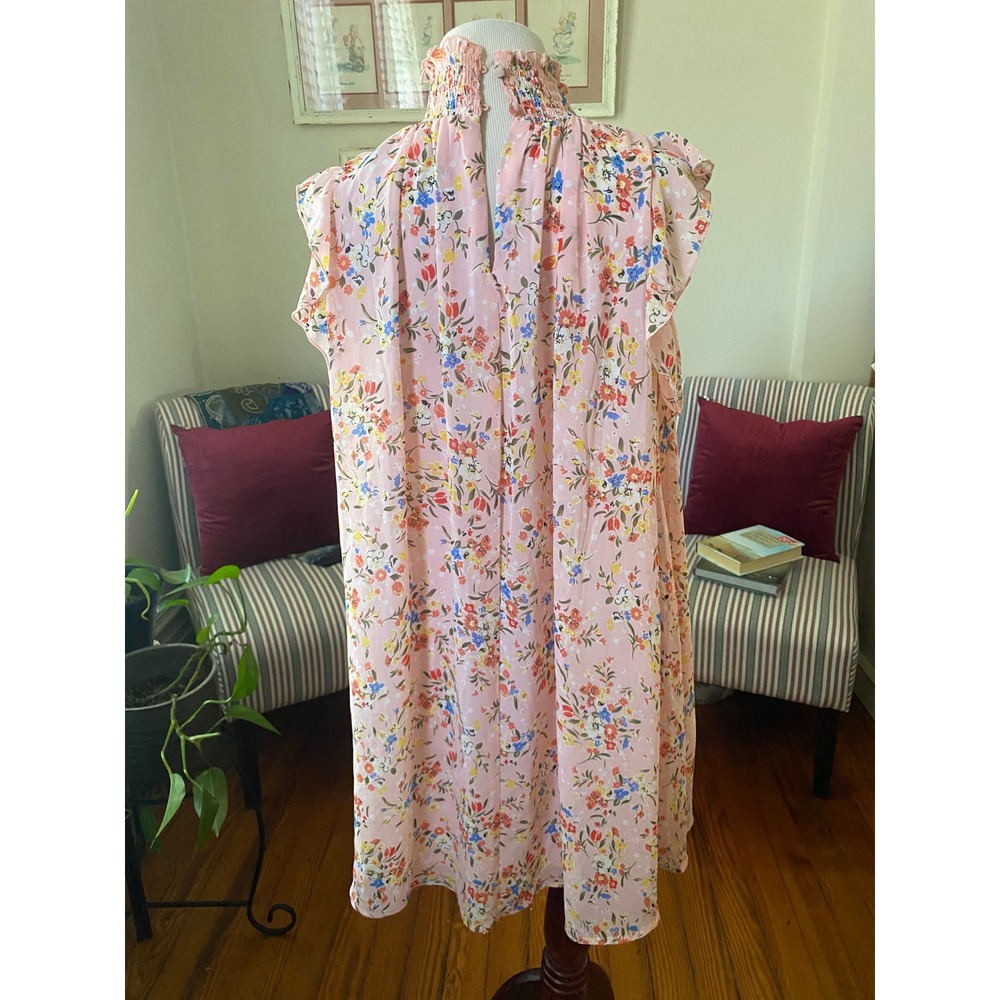 CODE X MODE Pink Floral Smocked High Neck Flutter Sleeve Shift dress XS Mini - Picture 7 of 9